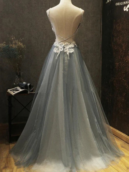 Elegant A-Line Sweetheart Spaghetti Strap Lace Grey Prom Dress