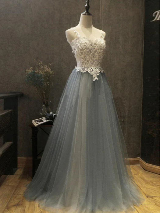 Elegant A-Line Sweetheart Spaghetti Strap Lace Grey Prom Dress