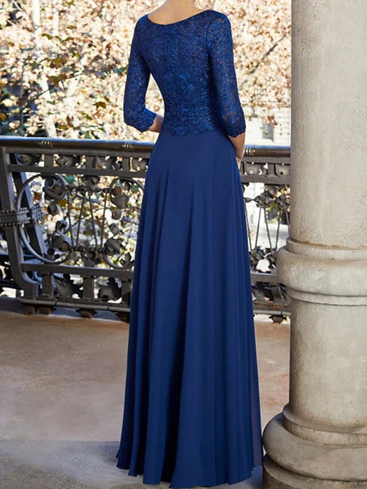Elegant A-Line V-Neck Lace Navy Floor-Length Evening Dress