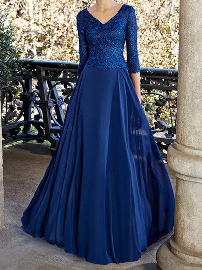 Elegant A-Line V-Neck Lace Navy Floor-Length Evening Dress