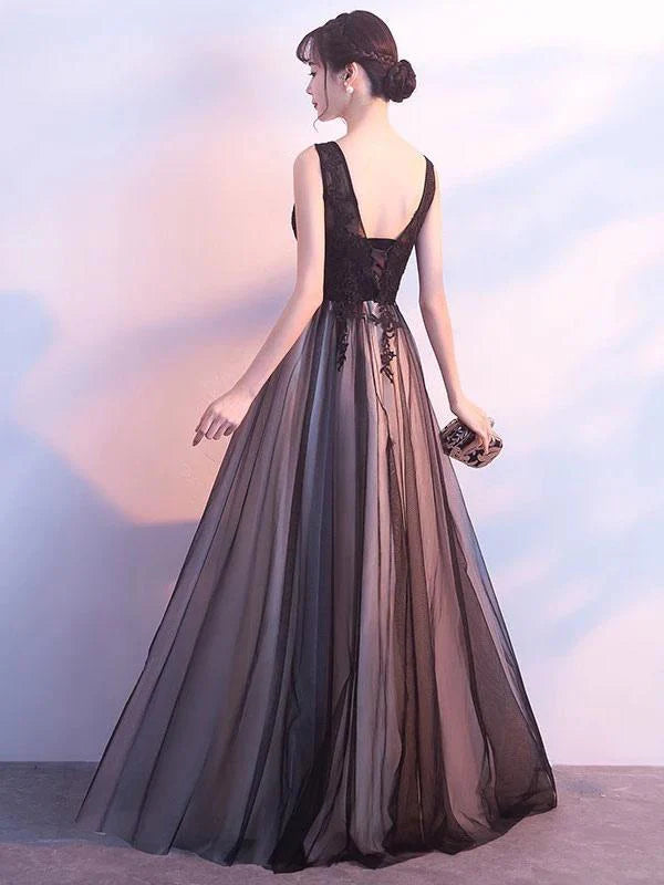 Elegant A-Line V-Neck Lace Tulle Floor-Length Evening Dress