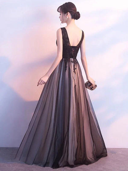 Elegant A-Line V-Neck Lace Tulle Floor-Length Evening Dress