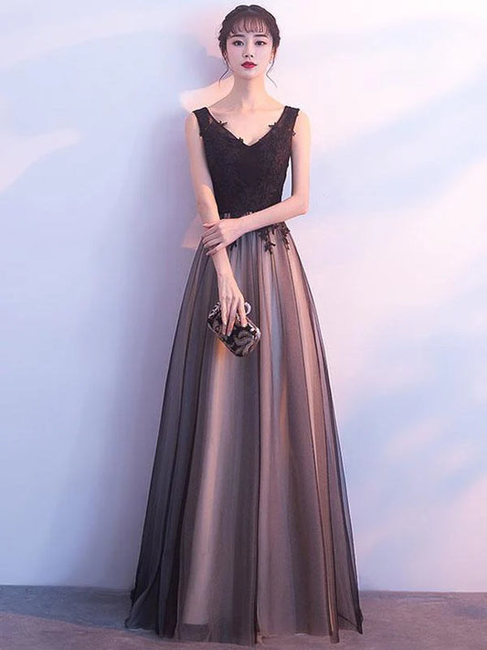 Elegant A-Line V-Neck Lace Tulle Floor-Length Evening Dress