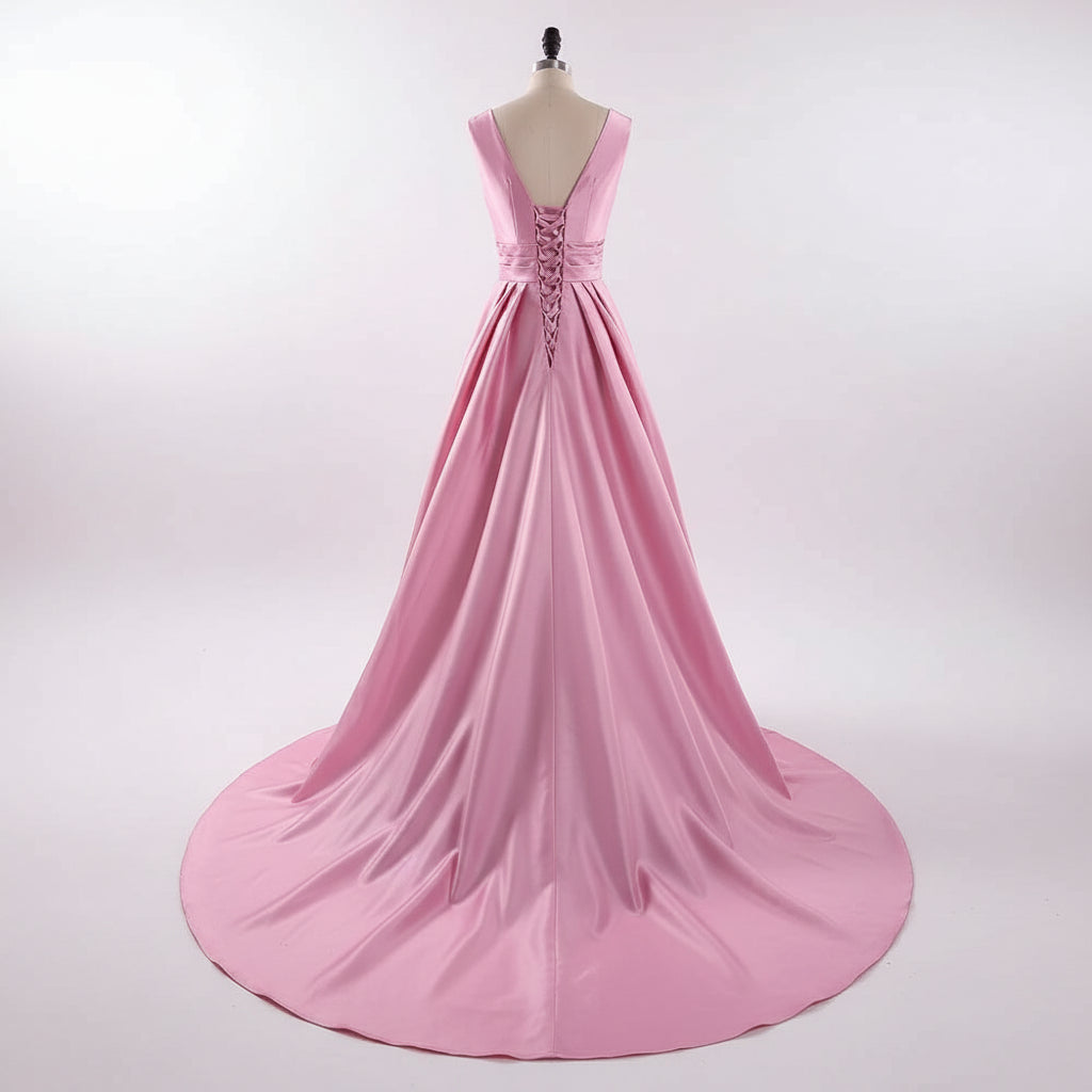 Elegant A-Line V-Neck Ruched Satin Pink Floor Length Prom Dress With Lace-Up Back