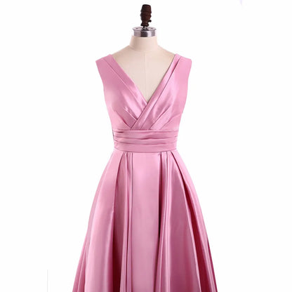 Elegant A-Line V-Neck Ruched Satin Pink Floor Length Prom Dress With Lace-Up Back