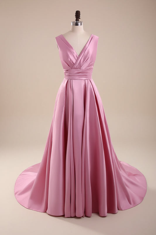 Elegant A-Line V-Neck Ruched Satin Pink Floor Length Prom Dress With Lace-Up Back