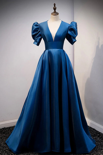 Elegant A-Line V-Neck Short Sleeve Lace Up Floor-Length Prom Dress