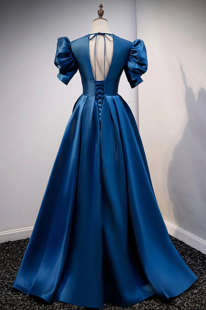 Elegant A-Line V-Neck Short Sleeve Lace Up Floor-Length Prom Dress