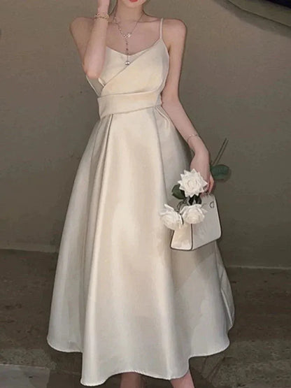 Elegant A-Line V-Neck Sleeveless Belted Champagne Midi Prom Dress for Women Ready to Ship