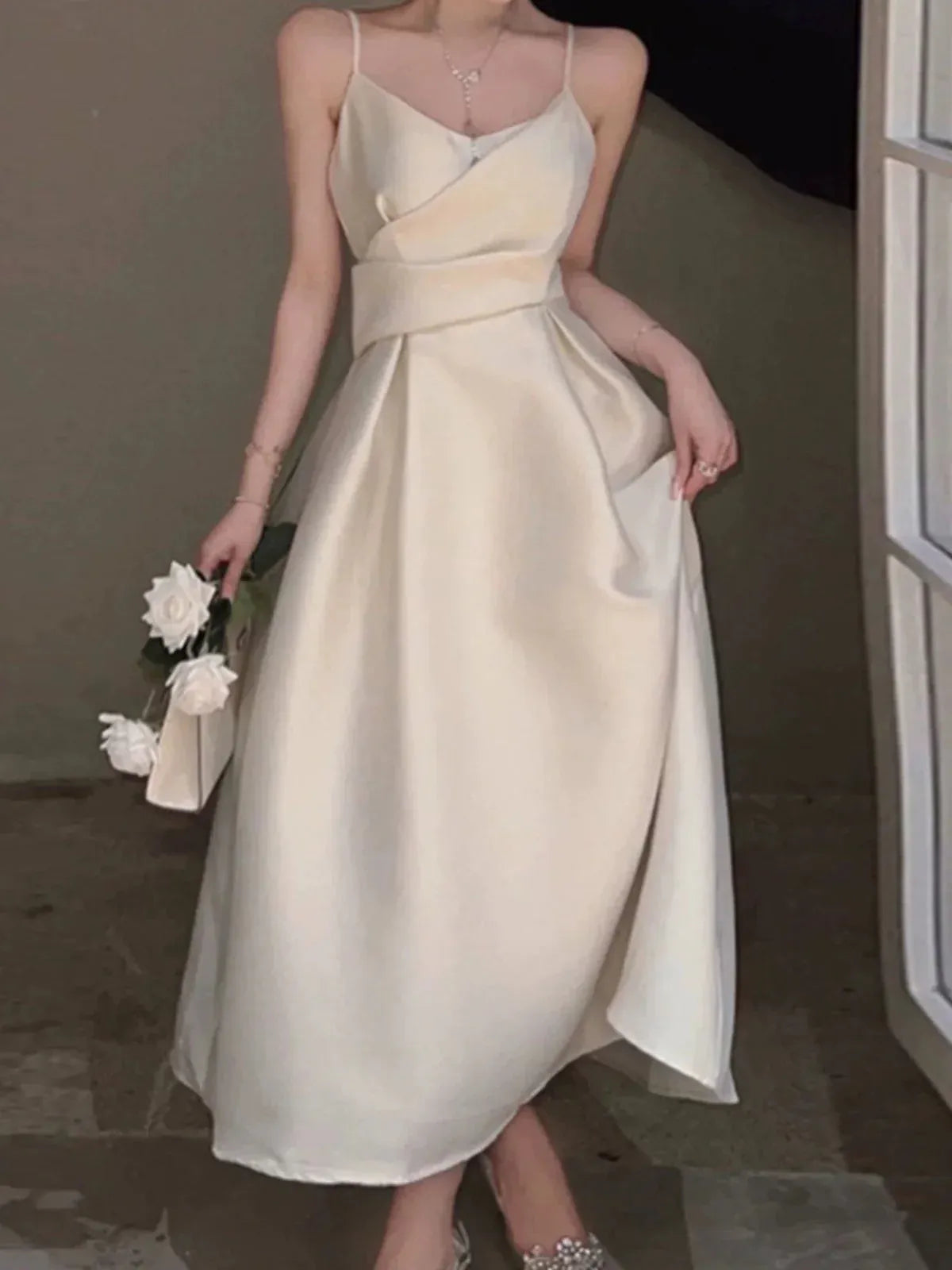 Elegant A-Line V-Neck Sleeveless Belted Champagne Midi Prom Dress for Women Ready to Ship