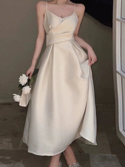 Elegant A-Line V-Neck Sleeveless Belted Champagne Midi Prom Dress for Women Ready to Ship