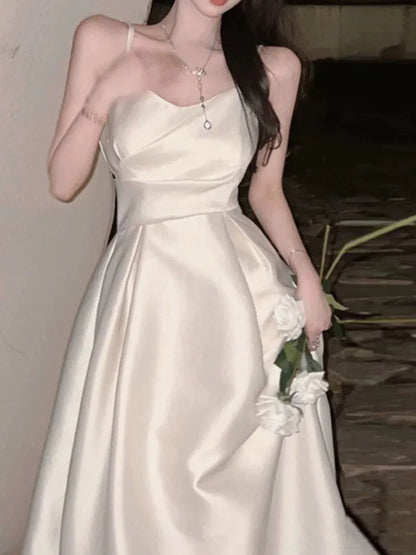 Elegant A-Line V-Neck Sleeveless Belted Champagne Midi Prom Dress for Women Ready to Ship