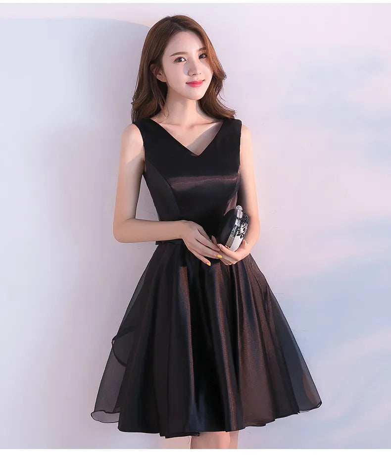Elegant A-Line V-Neck Sleeveless Black Short Homecoming Dress With Bow Back