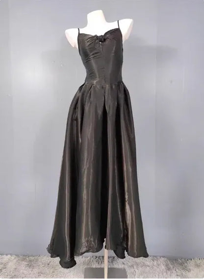 Elegant A-Line V-Neck Sleeveless Corset-Back Black Long Prom Dress for Women With Pocket
