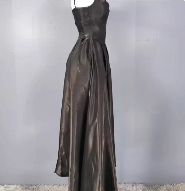 Elegant A-Line V-Neck Sleeveless Corset-Back Black Long Prom Dress for Women With Pocket