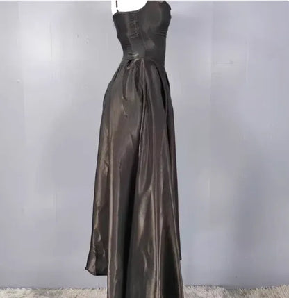 Elegant A-Line V-Neck Sleeveless Corset-Back Black Long Prom Dress for Women With Pocket