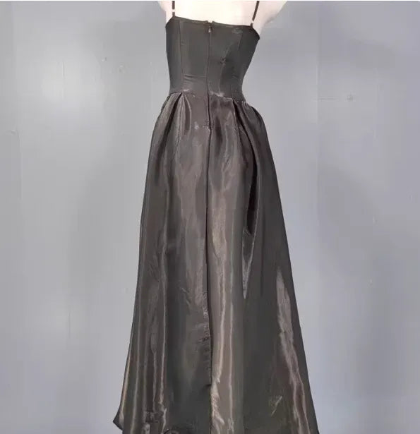 Elegant A-Line V-Neck Sleeveless Corset-Back Black Long Prom Dress for Women With Pocket