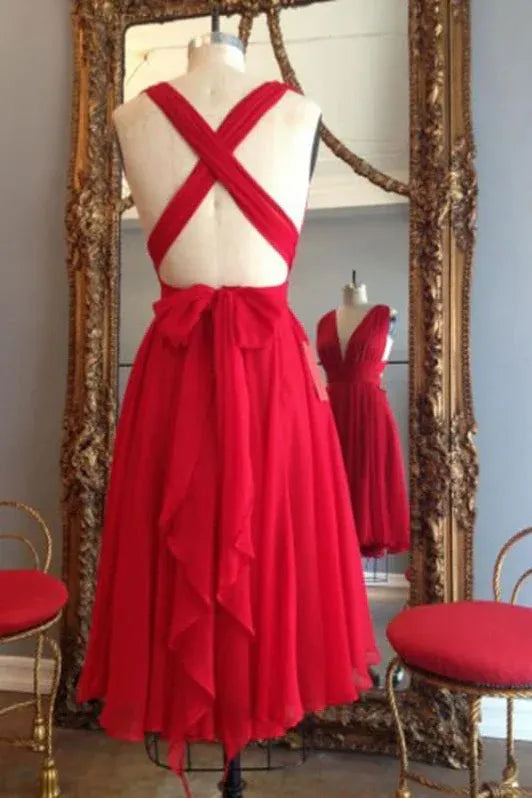 Elegant A-Line V-Neck Sleeveless Cross-Back Ruffle Bow Red Homecoming Dress