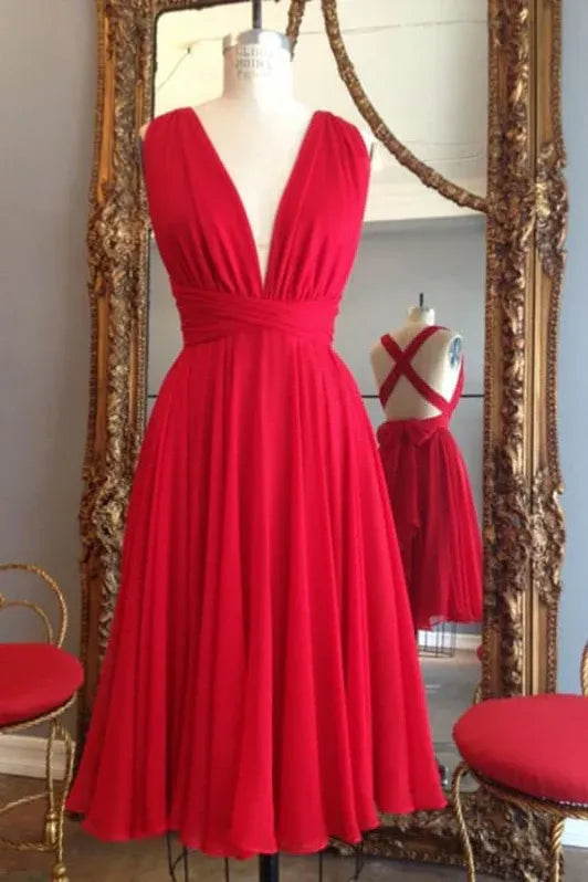 Elegant A-Line V-Neck Sleeveless Cross-Back Ruffle Bow Red Homecoming Dress
