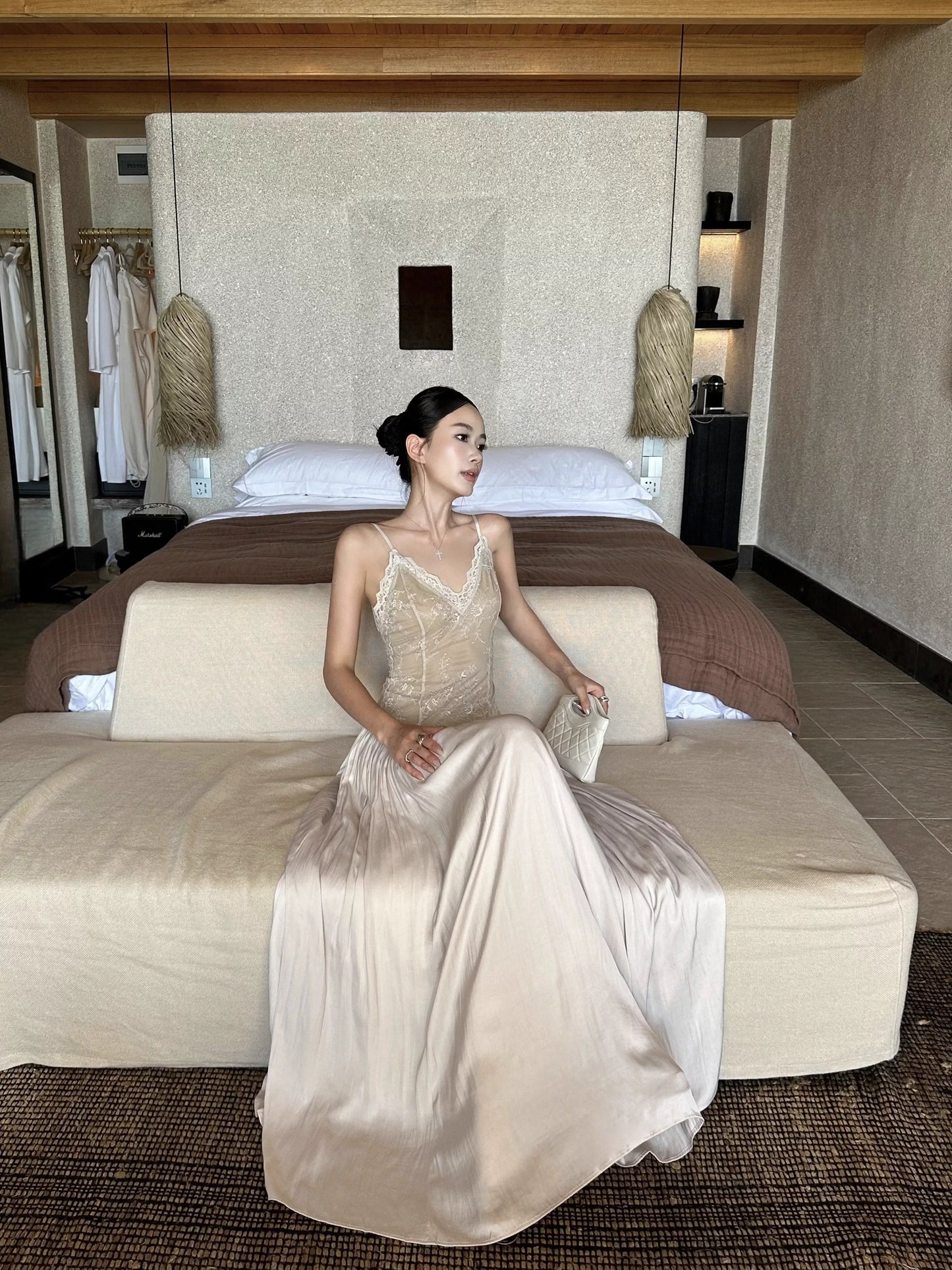 Elegant A-Line V-Neck Sleeveless Lace Champagne Maxi Prom Dress for Women Ready to Ship