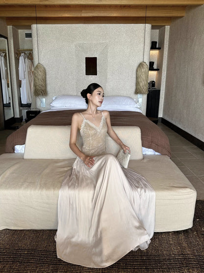 Elegant A-Line V-Neck Sleeveless Lace Champagne Maxi Prom Dress for Women Ready to Ship