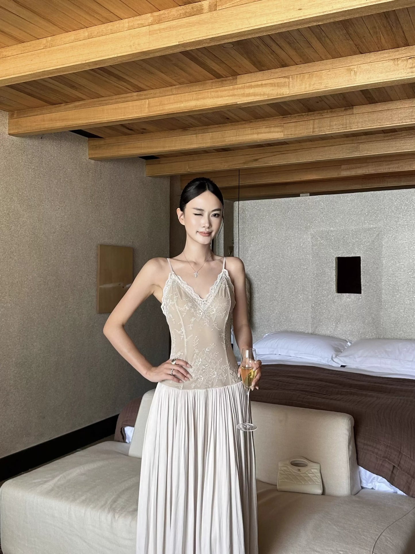 Elegant A-Line V-Neck Sleeveless Lace Champagne Maxi Prom Dress for Women Ready to Ship