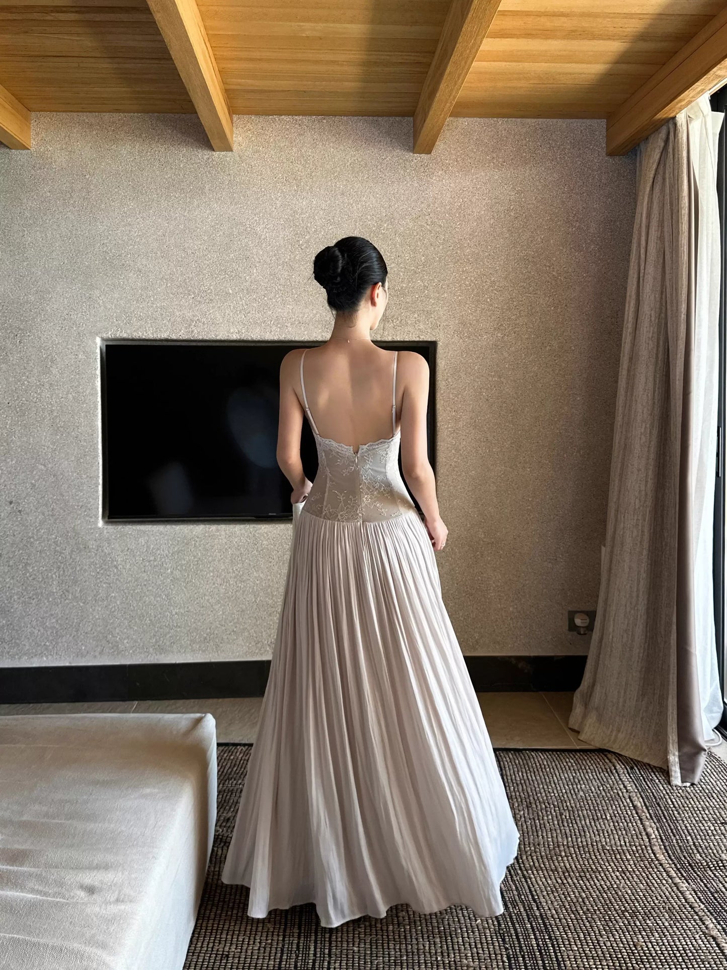 Elegant A-Line V-Neck Sleeveless Lace Champagne Maxi Prom Dress for Women Ready to Ship