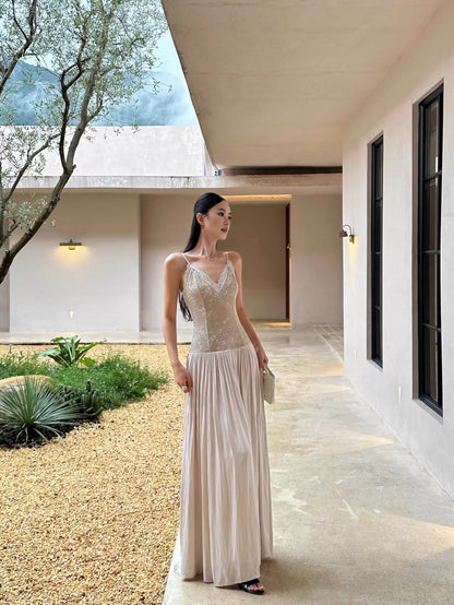 Elegant A-Line V-Neck Sleeveless Lace Champagne Maxi Prom Dress for Women Ready to Ship