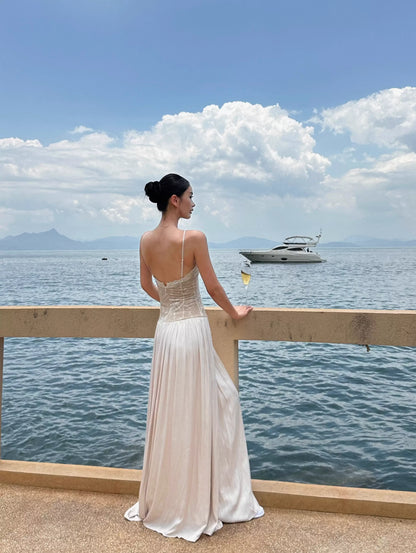 Elegant A-Line V-Neck Sleeveless Lace Champagne Maxi Prom Dress for Women Ready to Ship