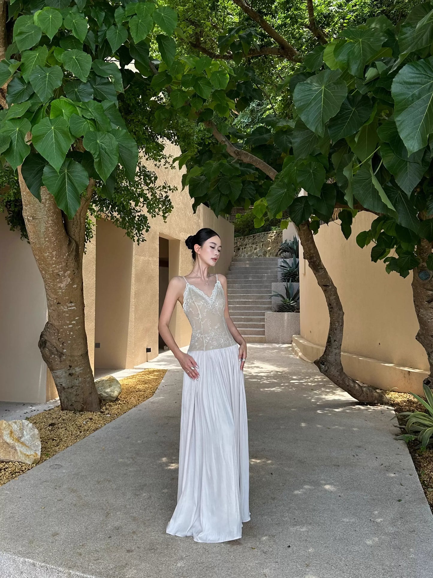 Elegant A-Line V-Neck Sleeveless Lace Champagne Maxi Prom Dress for Women Ready to Ship