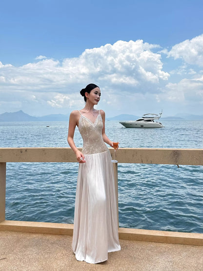 Elegant A-Line V-Neck Sleeveless Lace Champagne Maxi Prom Dress for Women Ready to Ship