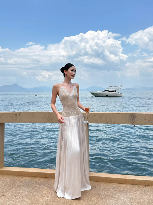 Elegant A-Line V-Neck Sleeveless Lace Champagne Maxi Prom Dress for Women Ready to Ship