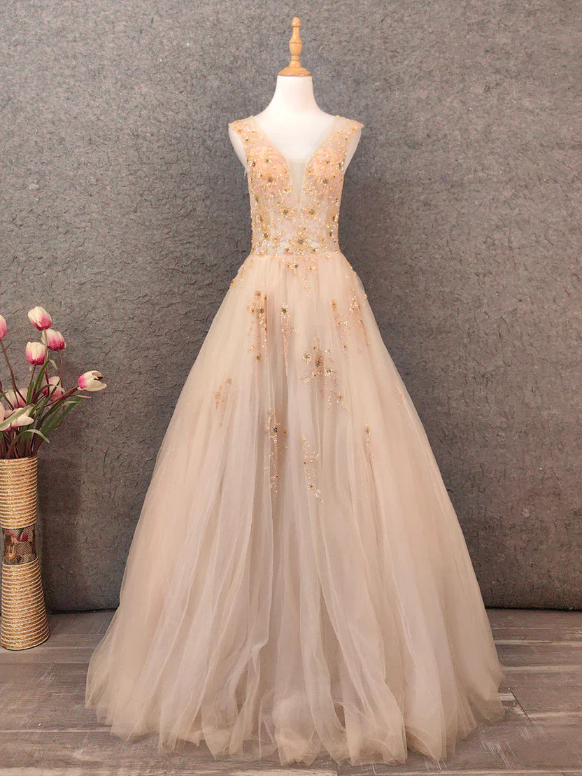 Elegant A-Line V-Neck Sleeveless Open-Back Floor-Length Prom Dress