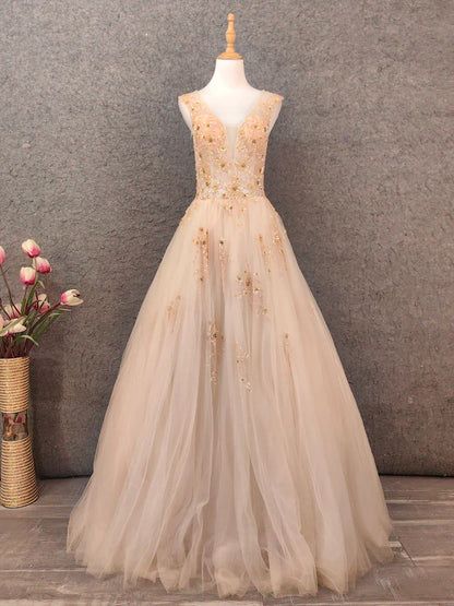 Elegant A-Line V-Neck Sleeveless Open-Back Floor-Length Prom Dress