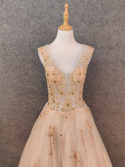 Elegant A-Line V-Neck Sleeveless Open-Back Floor-Length Prom Dress