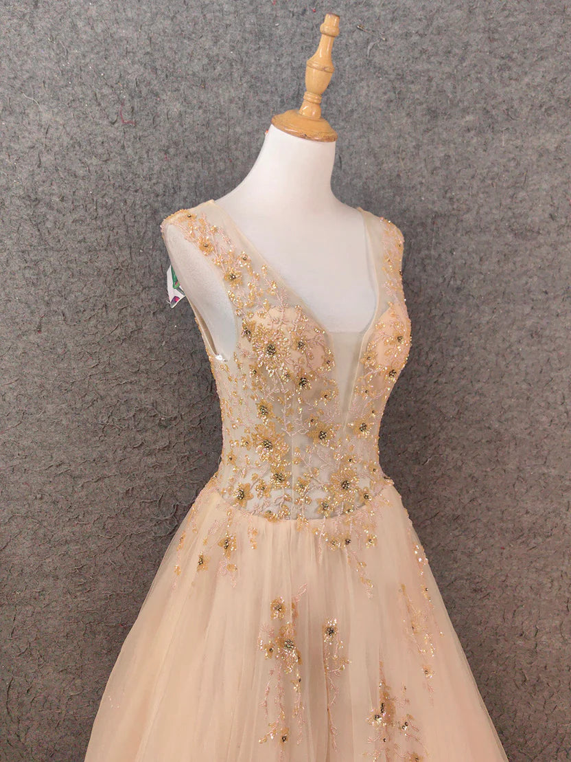 Elegant A-Line V-Neck Sleeveless Open-Back Floor-Length Prom Dress