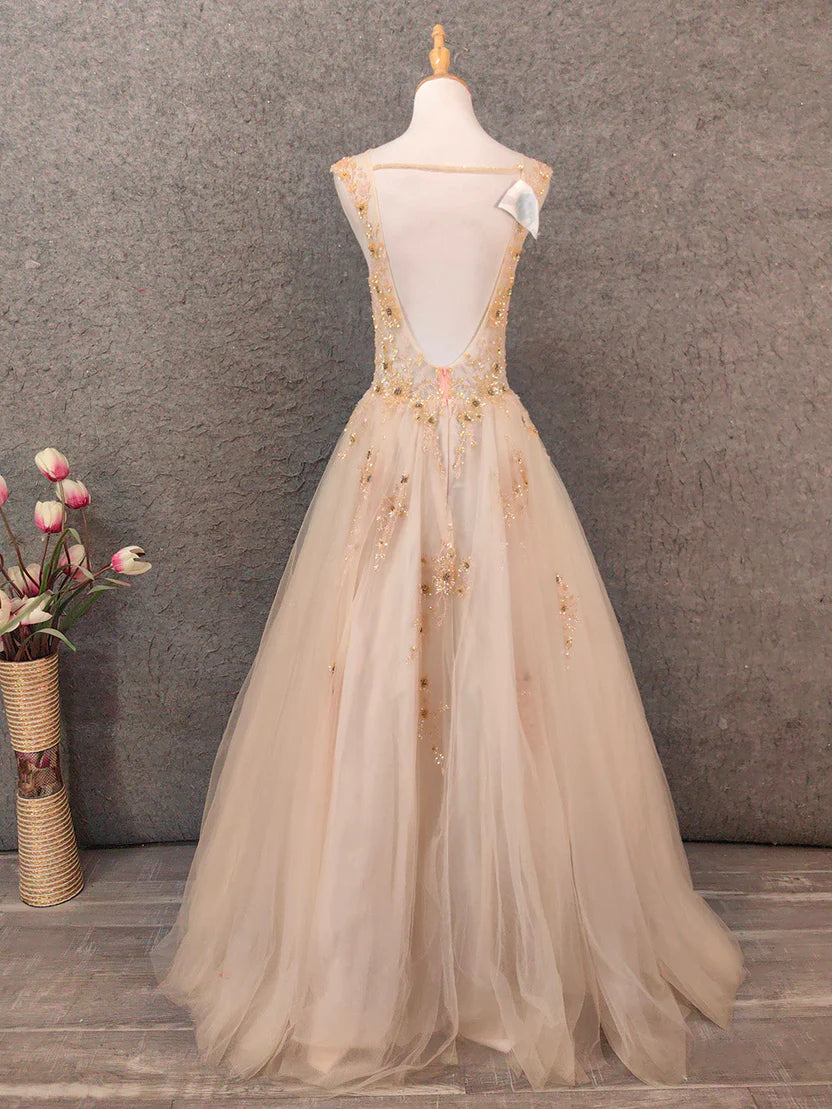 Elegant A-Line V-Neck Sleeveless Open-Back Floor-Length Prom Dress