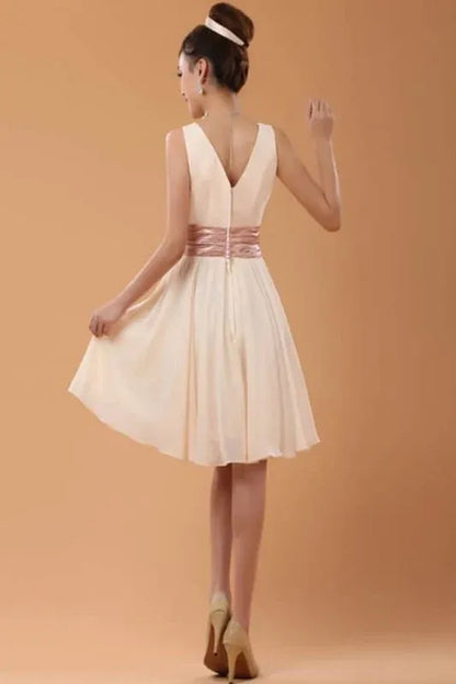Elegant A-Line V-Neck Sleeveless Sash Waist Ruffle Champagne Homecoming Dress