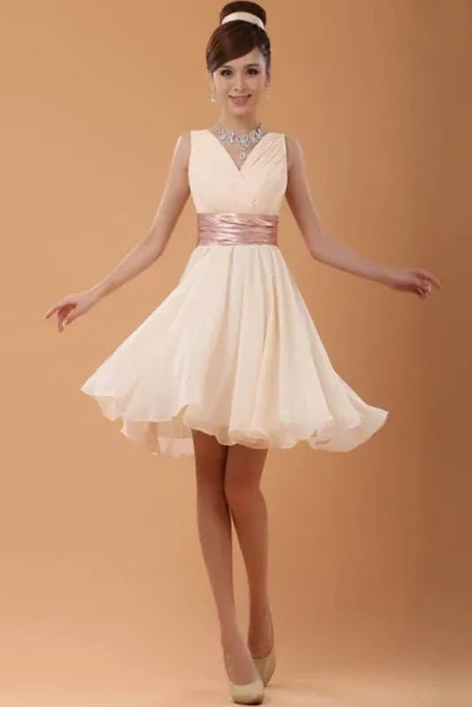 Elegant A-Line V-Neck Sleeveless Sash Waist Ruffle Champagne Homecoming Dress