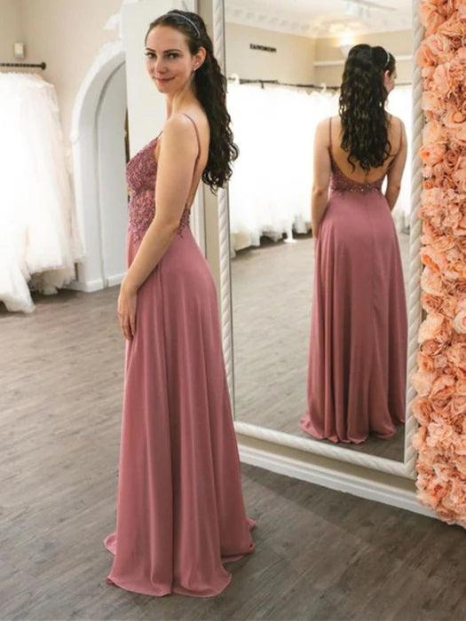 Elegant A-Line V-Neck Spaghetti Strap Beaded Dusty Rose Prom Dress