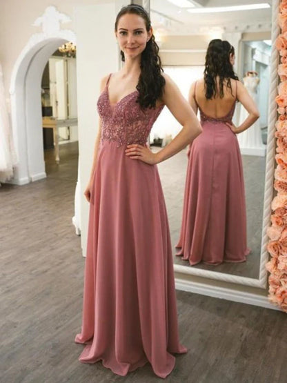 Elegant A-Line V-Neck Spaghetti Strap Beaded Dusty Rose Prom Dress