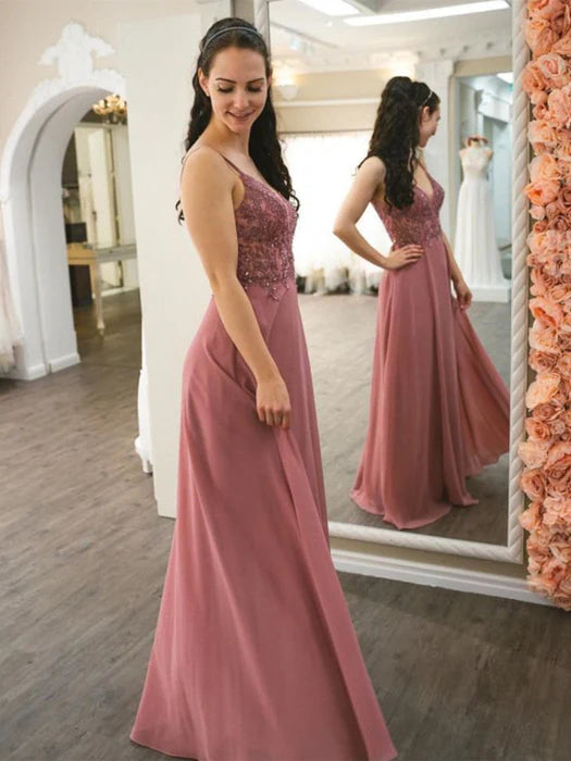 Elegant A-Line V-Neck Spaghetti Strap Beaded Dusty Rose Prom Dress