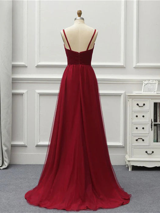 Elegant A-Line V-Neck Spaghetti Strap Burgundy High-Low Prom Dress