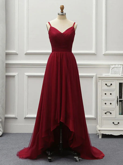 Elegant A-Line V-Neck Spaghetti Strap Burgundy High-Low Prom Dress