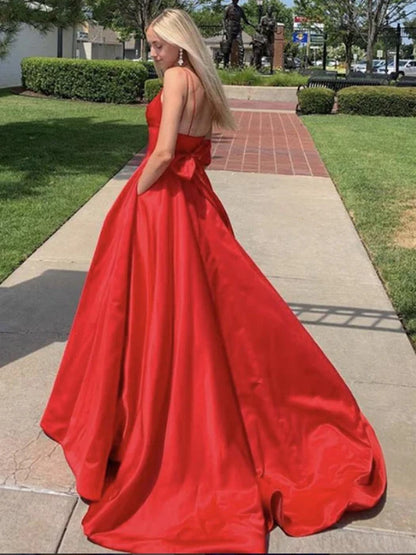 Elegant A-Line V-Neck Spaghetti Strap Satin Red Prom Dress