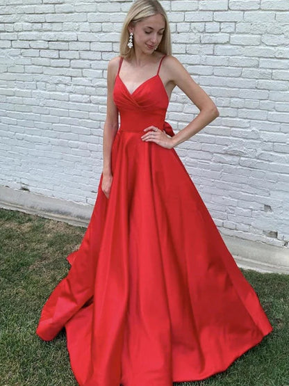 Elegant A-Line V-Neck Spaghetti Strap Satin Red Prom Dress