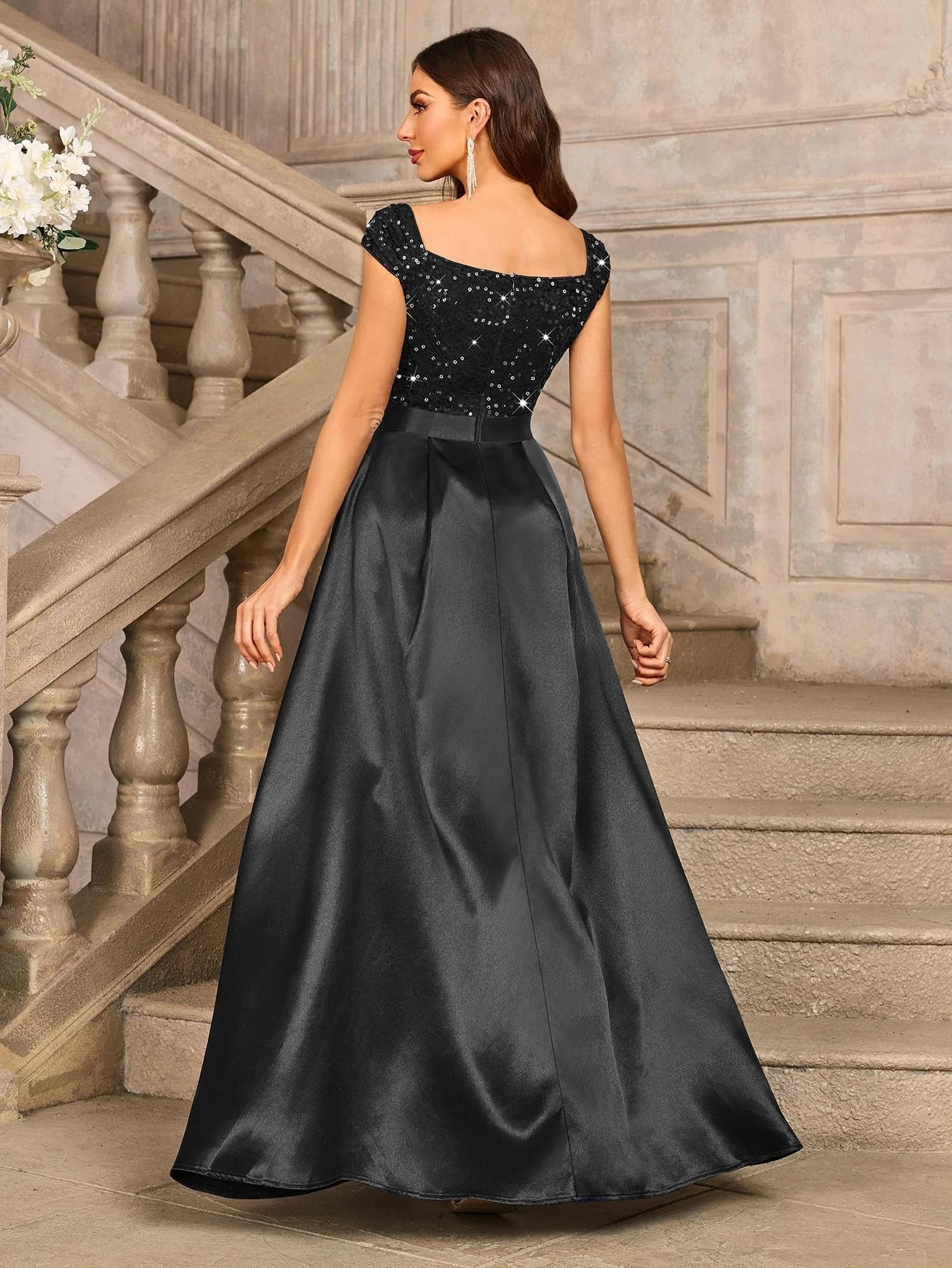 Elegant A-Line V Neck Cap Sleeve Backless Floor-Length Side Slit prom dress for women