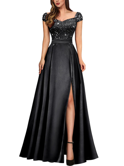 Elegant A-Line V Neck Cap Sleeve Backless Floor-Length Side Slit prom dress for women