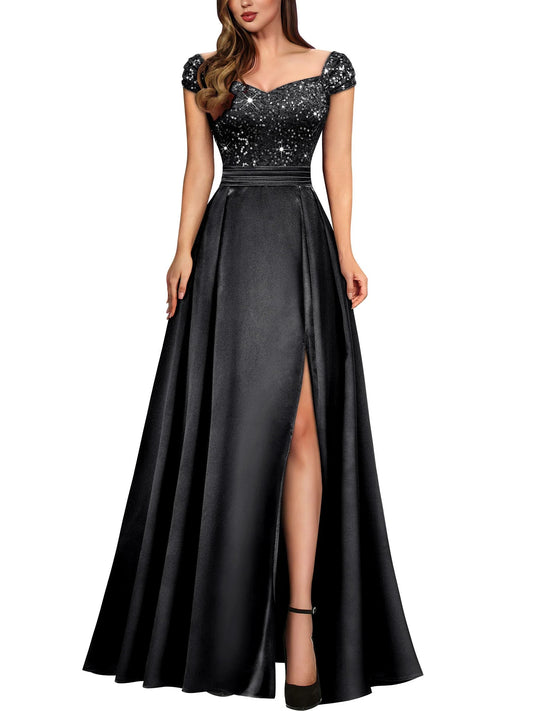 Elegant A-Line V Neck Cap Sleeve Backless Floor-Length Side Slit prom dress for women