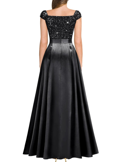 Elegant A-Line V Neck Cap Sleeve Backless Floor-Length Side Slit prom dress for women